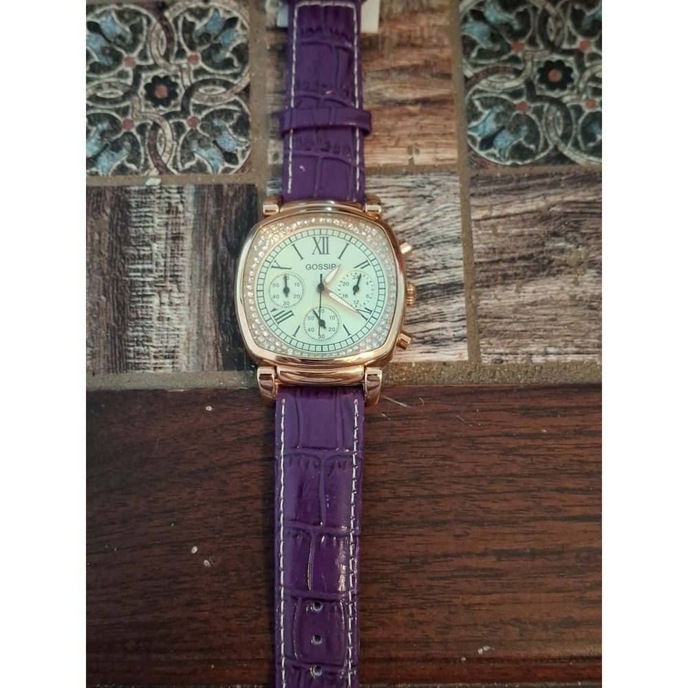 Gossip Womans 42mm Rhinestone Embossed Rose Gold Watch With Purple Leather Band.